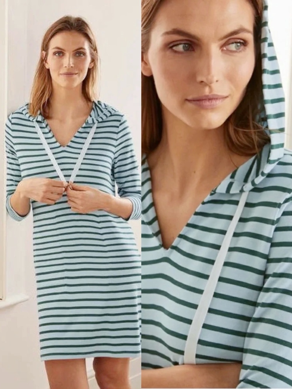 Boden • Imelda Hooded Jersey Tunic mini dress blue green stripe shift knit